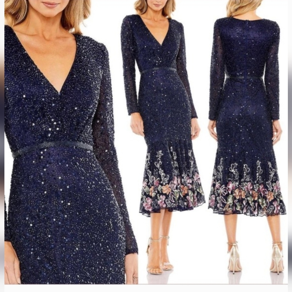 NWOT MACDUGGAL SEQUIN DRESS WITH FLORAL ACCENT,  SIZE: 16